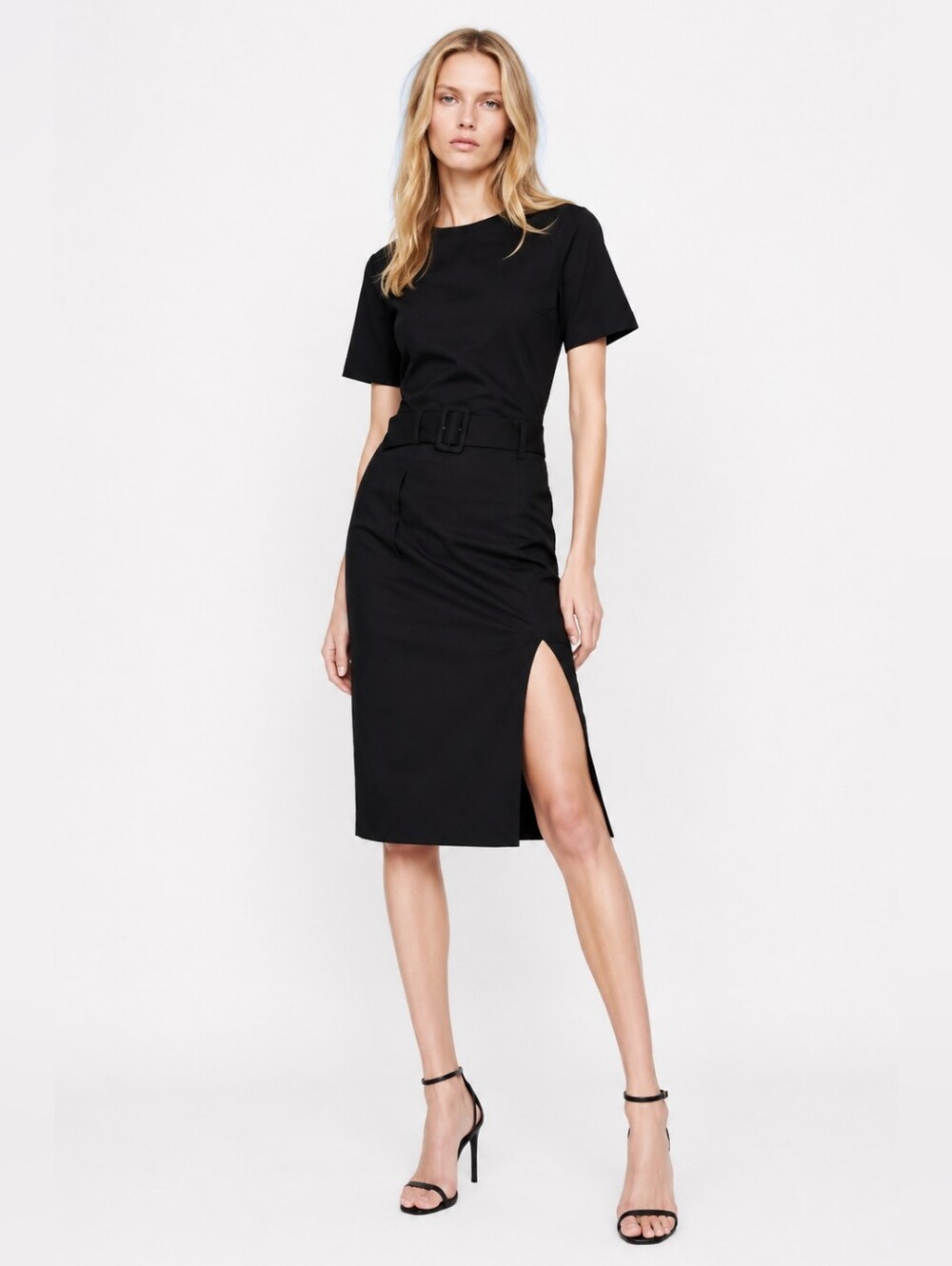 NWT Zara Size M Black Slit Knee Belt Dress